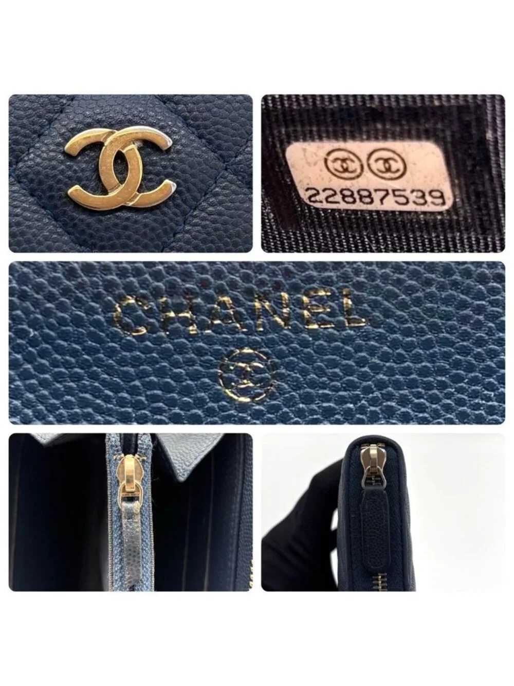 Chanel Quilted Caviar Leather Round Fastener Wallet Navy